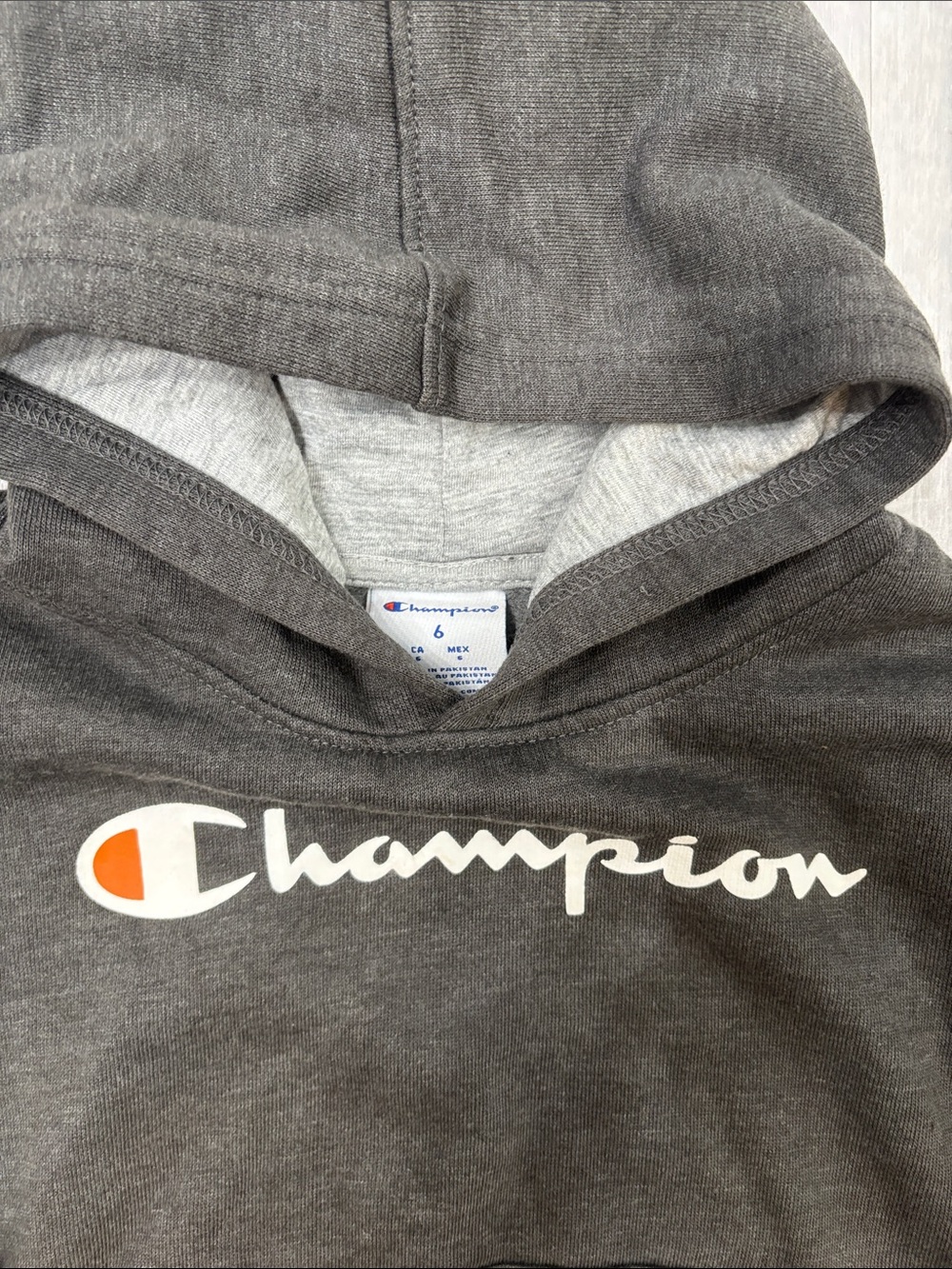 Champion Kids Granite Heather Hoodie with Orange Sleeve Stripe Size 6 - Picture 2 of 7